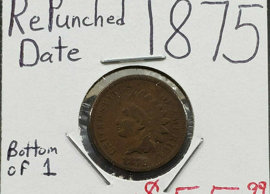 1875 Indian Head Cent Coin RPD Error Variety Base of 1 Circulated Repunched Date