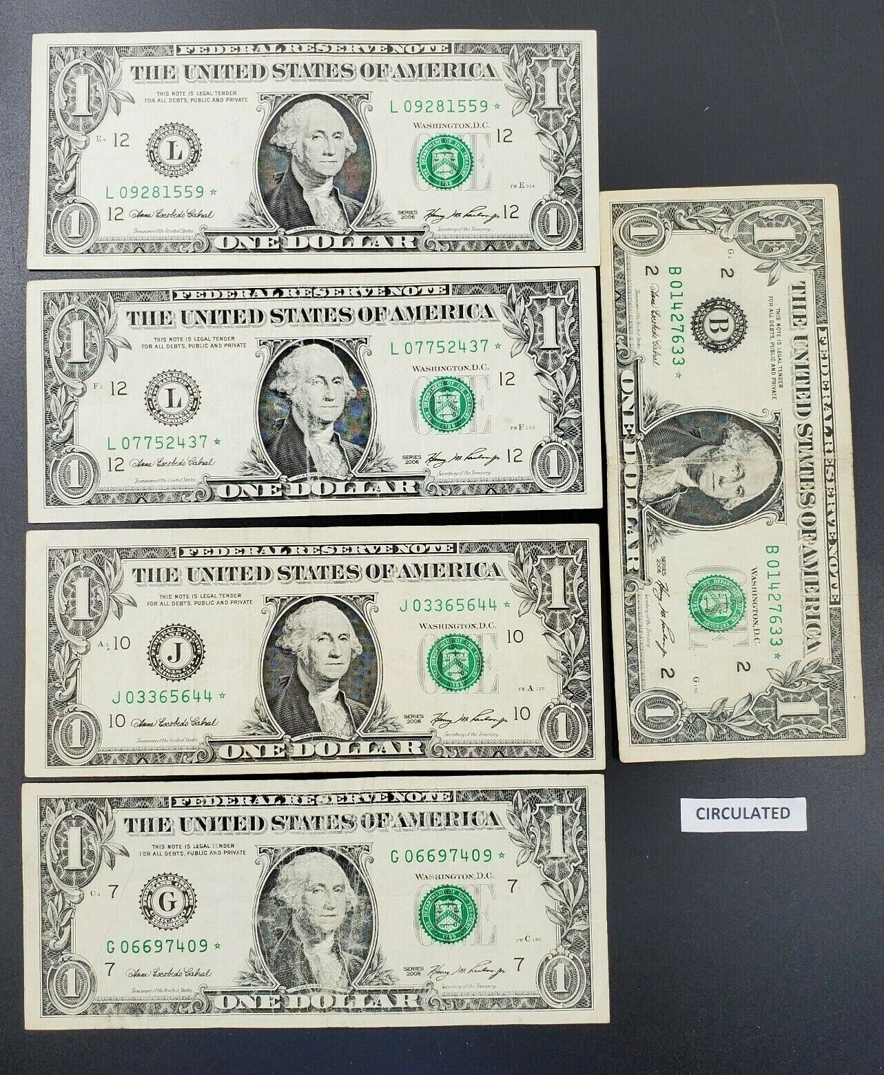 5 NOTE LOT 2006 $1 * Star BILLS FRN Federal Reserve Replacement Neat Serial #s 3