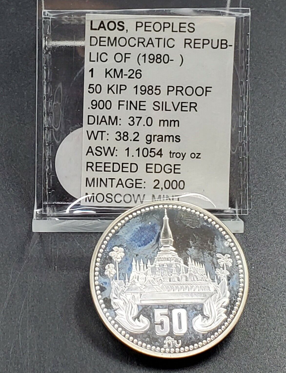 Laos 1985 Temple Towered 50 Kip Silver Proof Coin