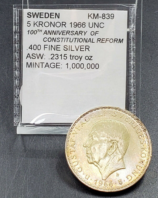 Sweden 1966 5 Kronor Silver Uncirculated Coin Golden Patina