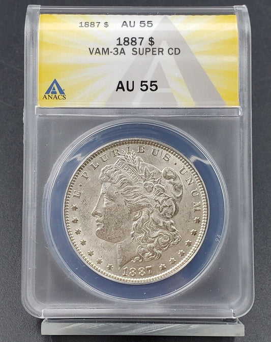 1887 P Morgan Silver Dollar Variety Coin ANACS AU55 VAM-3A SUPER CD Rare VAM