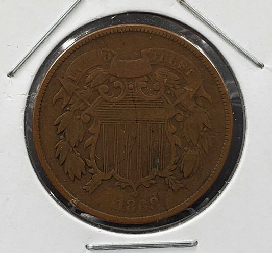 1868 2C Two Cent Copper Coin Piece VG Very Good / Fine REV Struck Thru Greas