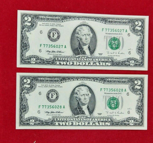 Consecutive PAIR 1995 $2 FRN USA FEDERAL RESERVE NOTE CH UNC REPEAT SERIAL # 77