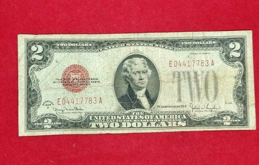 1928 $2 G Legal Tender Note Bill Red Seal DOUBLE REPEAT SERIAL # VG / FINE 💵