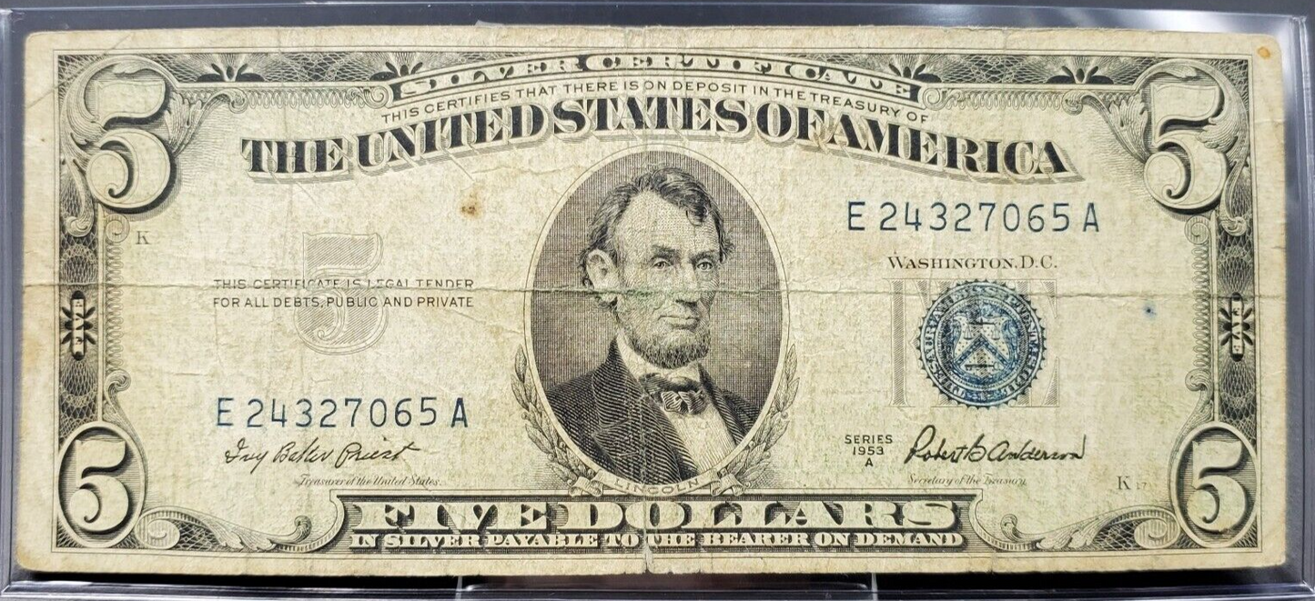 1953 Five Dollar Blue Seal Note Silver Certificate Old US Bill $5 Free  Shipping