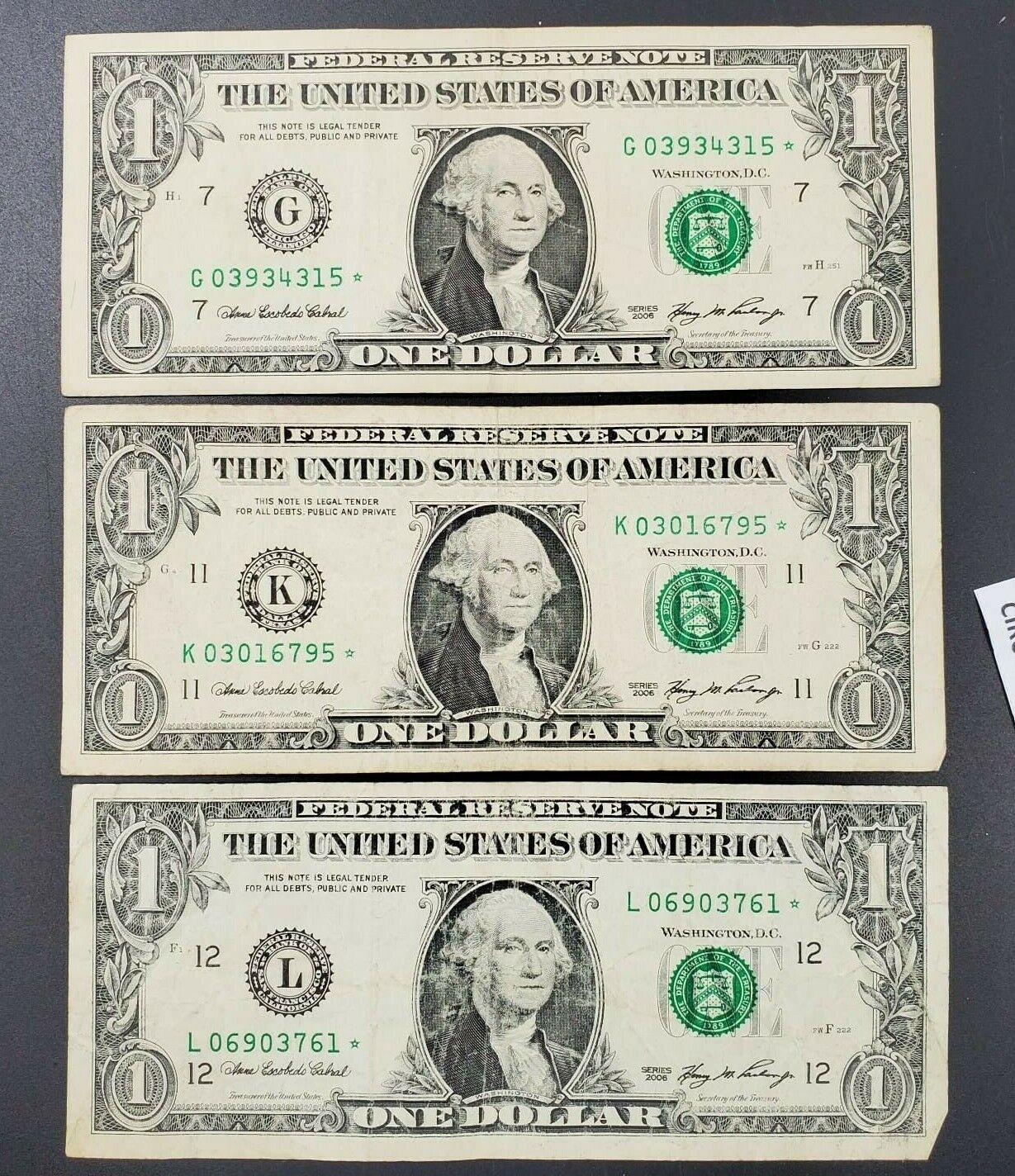 3 NOTE LOT 2006 $1 * Star BILLS FRN Federal Reserve Replacement Neat Serial #s