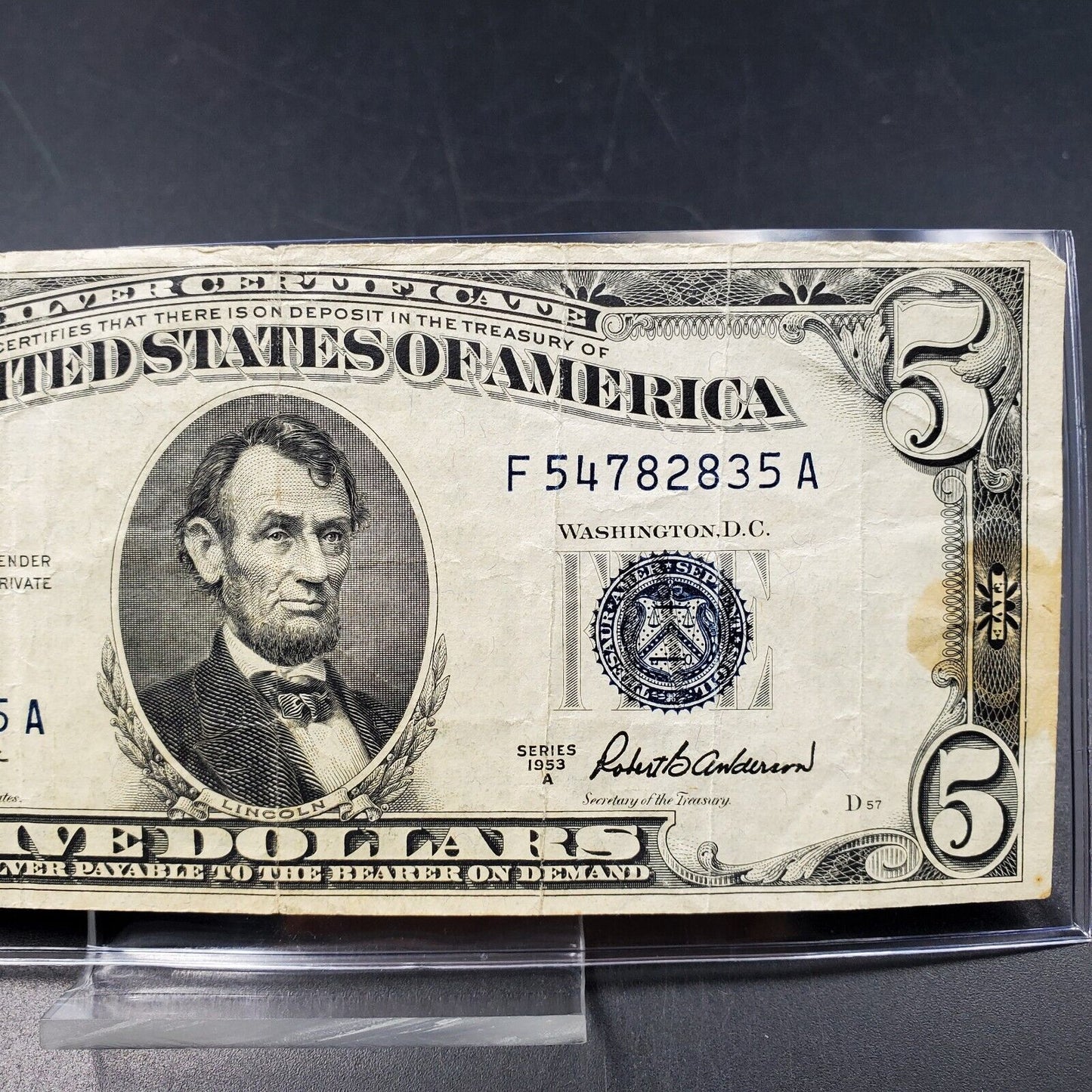 1953 A $5 Silver Certificate Blue Seal US Currency Bill Details Circ TAPED