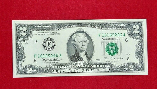 1995 $2 FRN Federal Reserve NOTE Green Seal BICENTENNIAL CHOICE UNC US BILL