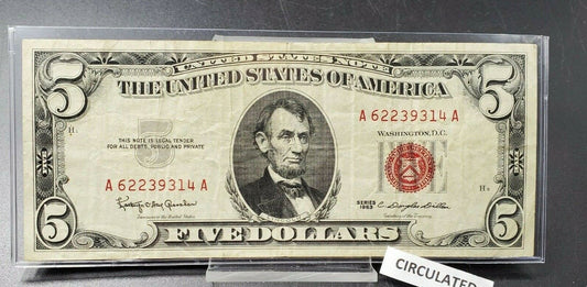 1963 $5 Five Dollar United States Red Seal Note CIR SINGLE DIGIT PLATE # NUMBERS