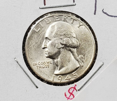 1945 P 25C Washington Quarter Silver Coin  WW2 World War Two Era AU
