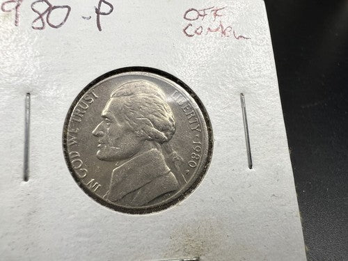1980 P Jefferson Nickel 5c Coin SLIGHT Misaligned Obverse Die Error VF Circ #B