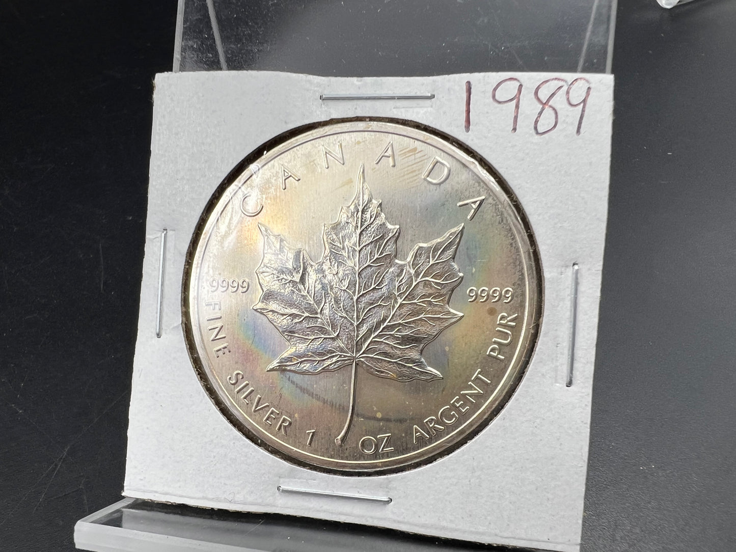 1989 1 oz .9999 Ultra Fine Canada Silver Maple Leaf Coin GEM UNC PQ Toning Toner sk#b