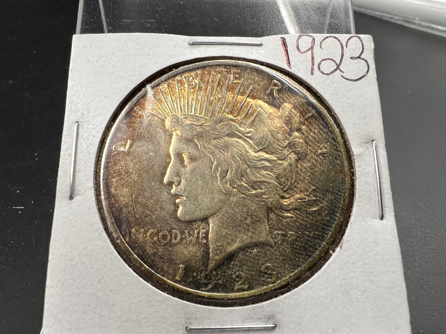 1923 $1 Peace 90% Silver Dollar Coin AU Nice Toning Toner Amber Obverse