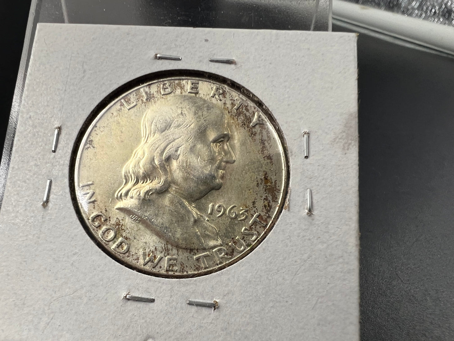1963 D 50c Franklin Silver Half Dollar Coin XF / AU PQ Toning Reverse
