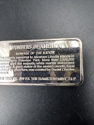 Lincoln Memorial Wonders Of America 1 Oz Silver Bar UNC