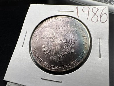 1986 1 Oz ASE American Silver Eagle Coin Gem BU UNC PQ Blue Toning Toner REV