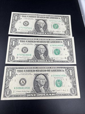 Lot of 3 XF EF 1988 $1 FRN Federal Reserve Notes #105