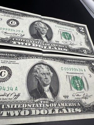 3 Consecutive 1976 $2 Bicentennial Two Dollar Bills VF Fancy Serial #09999433