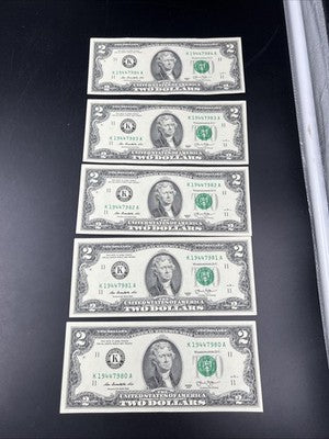 5 Consecutive 2013 $2 FRN Federal Reserve Notes UNC Uncirculated #80