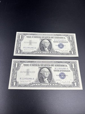 2 Consecutive 1957 A $1 One Dollar Blue Seal Silver Certificates CH AU / UNC #84
