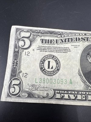 1934 $5 FRN Mule San Francisco District Federal Reserve Note Choice VF Very Fine