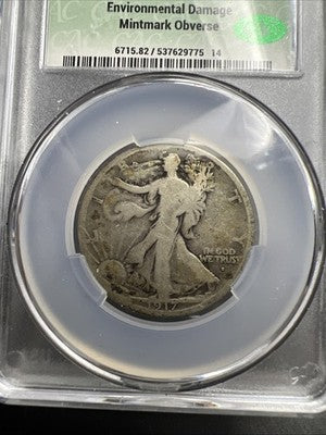 1917 S Obverse MM 50c Walking Liberty Silver Half Dollar Coin CAC AG Details