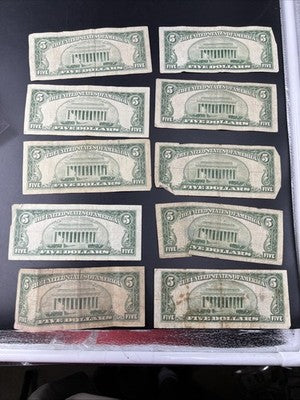 $5 Bill collector's Lot 10 US Bills - 5 USN Red Seals & 5 Silver Certificates