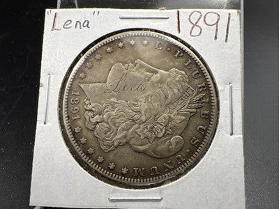1891 P $1 Morgan Silver Dollar Coin VF Details "Lena" Carved