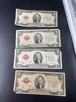 Lot of 4 1928 $2 USN United States Note Red Seal Bills Very Circulated #922