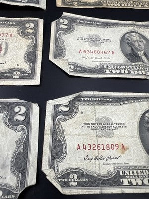 Lot of 10 1953 $2 USN Red Seal Legal Tender Bills Very Circulated #269