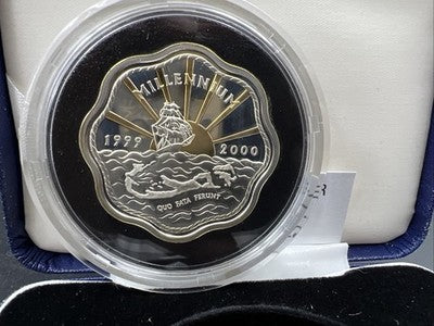 2000 Bermuda Sterling Silver Proof Millenium 2 Dollars Coin Sailing Ship BOX COA