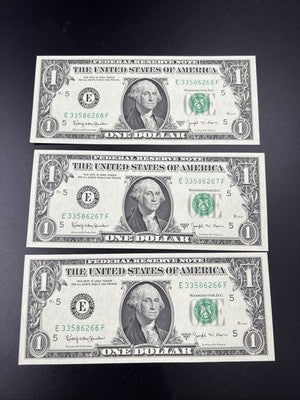 3 Consecutive 1963 B $1 Barr FRN Federal Reserve Notes One Dollar Bills UNC #266