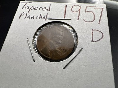 1957 D 1c Lincoln Wheat Cent Coin Tapered PLANCHET Error VF