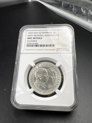 1923 Denmark 2 Kroner Silver Coin NGC UNC Details Cleaned