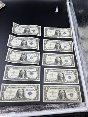 Lot of 10 1957 $1 Dollar Silver Certificate Blue Seal Notes Very Fine VF Circ #2