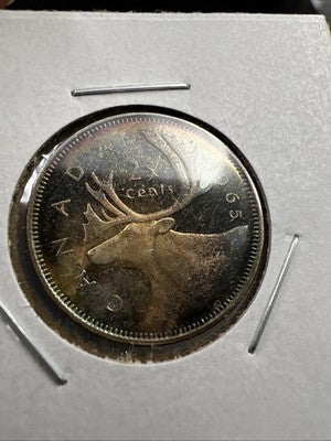 1965 Canada 25 Cents Silver Coin PQ Toning Toner Uncirculated