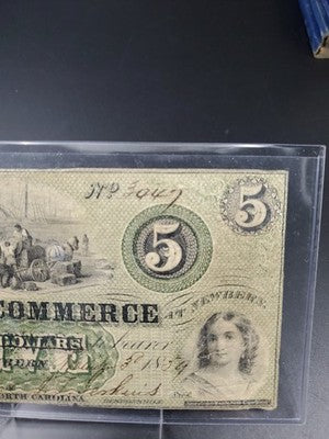 1859 The Bank Of Commerce Newbern NC $5 Dollar Obsolete Banknote