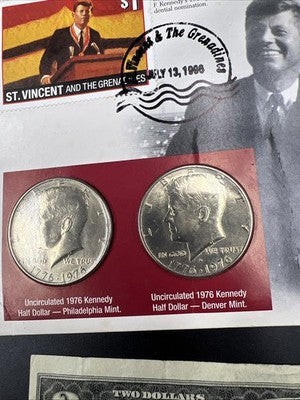 1976 Collector's Lot P D Kennedy Half 50c Set & 2x $2 FRN Two Dollar Bills Circ