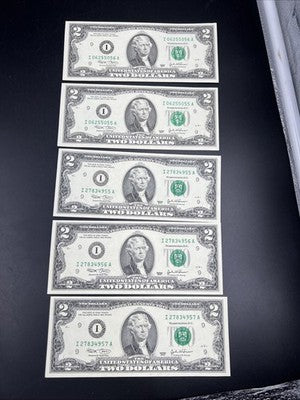5 Consecutive 2003 $2 FRN Federal Reserve Notes UNC Uncirculated #57