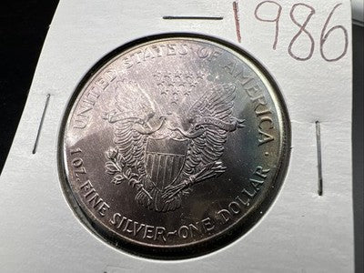 1986 1 Oz ASE American Silver Eagle Coin Gem BU UNC PQ Blue Toning Toner REV
