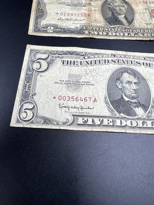 Star * Note Collector's Lot 1953 $2 & 1963 $5 USN Red Seal Notes Very Circ #67