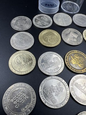 Lot of 21 $1 Casino Dollar Gaming Tokens Metal Circulated Conditions SKU#7531