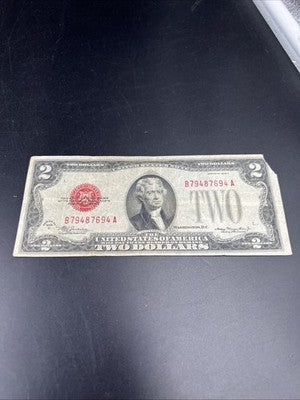 1928 C $2 USN United States Note Red Seal Fine Details Corner Tear #94