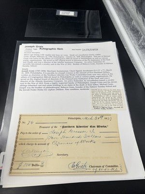 1839 Joseph Gratz Hand Autographed Endorsed for Collection Check