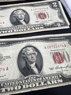 Lot of 10 1953 1963 $2 USN Red Seal Legal Tender Bills Very Circulated #353