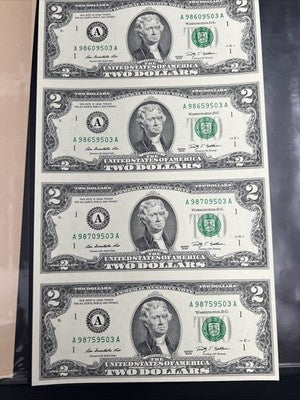 4 Note Souvenir Sheet 2009 US $2 Two Dollar FRN Federal Reserve Notes in Booklet