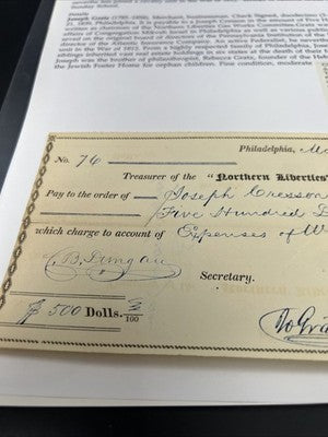 1839 Joseph Gratz Hand Autographed Endorsed for Collection Check