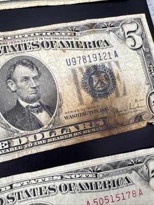 $5 Bill collector's Lot 9 US Bills - Very Circ 7 1963 USN 1 1995 FRN 1 1934 $5