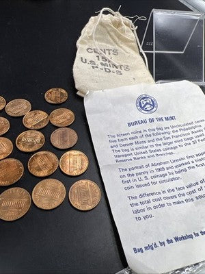 5 Sets of 1973 P D S 1c in Cloth Bag - 15 BU UNC Lincoln Memorial cent coins S#B