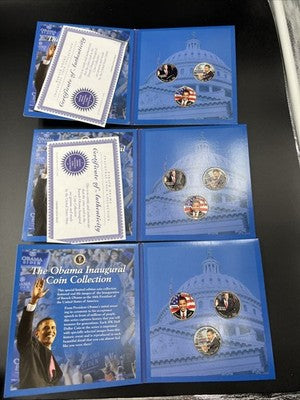 Lot of 9 Barack Obama Colorized US UNC Coins in Boxes Display Folders